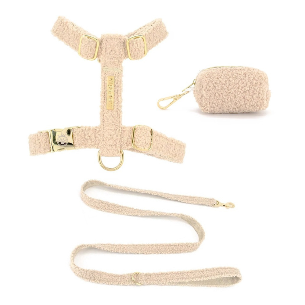 Zacht teddy vipspaw.eu hondentuig complete set in beige kleur, verstelbaar en comfortabel voor alle honden.